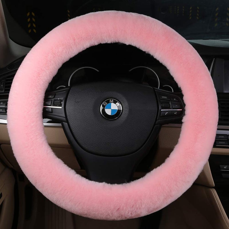 OGLAND Natural Fur Wool Sheepskin car Steering Wheel Cover,Protector for Universal Steering Wheel 15 Inchs, Anti-Slip,Comforting and Luxurious, Soft Texture, Gift for Women (Korean Pink) - Image 3